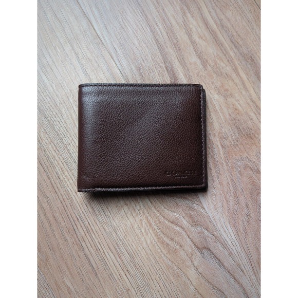 Coach Bi-Fold Pebbled Leather Mens Wallet Dark Saddle Brown - Picture 1 of 10